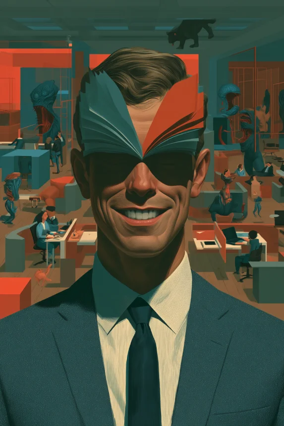 Couverture : un homme souriant, le regard masqué, devant un open space peuplé de monstres d'intelligence artificielle, peinture surréaliste générée via Midjourney